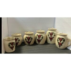 East Texas Pottery Canister Set Pitcher Crock Cream Red Rose Heart 6pc Excellent